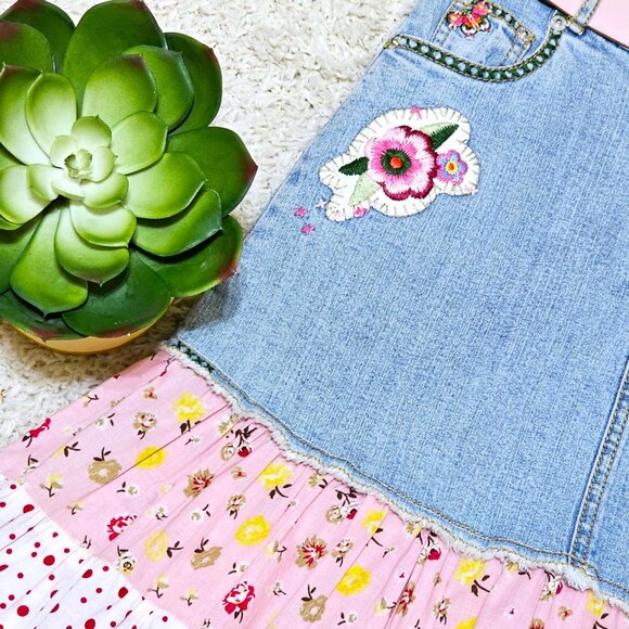 Skirt. Denim Pink Yellow Multi Tiered Floral Pattern. Upcycled Girls Size 10 GUC - Picture 5 of 16